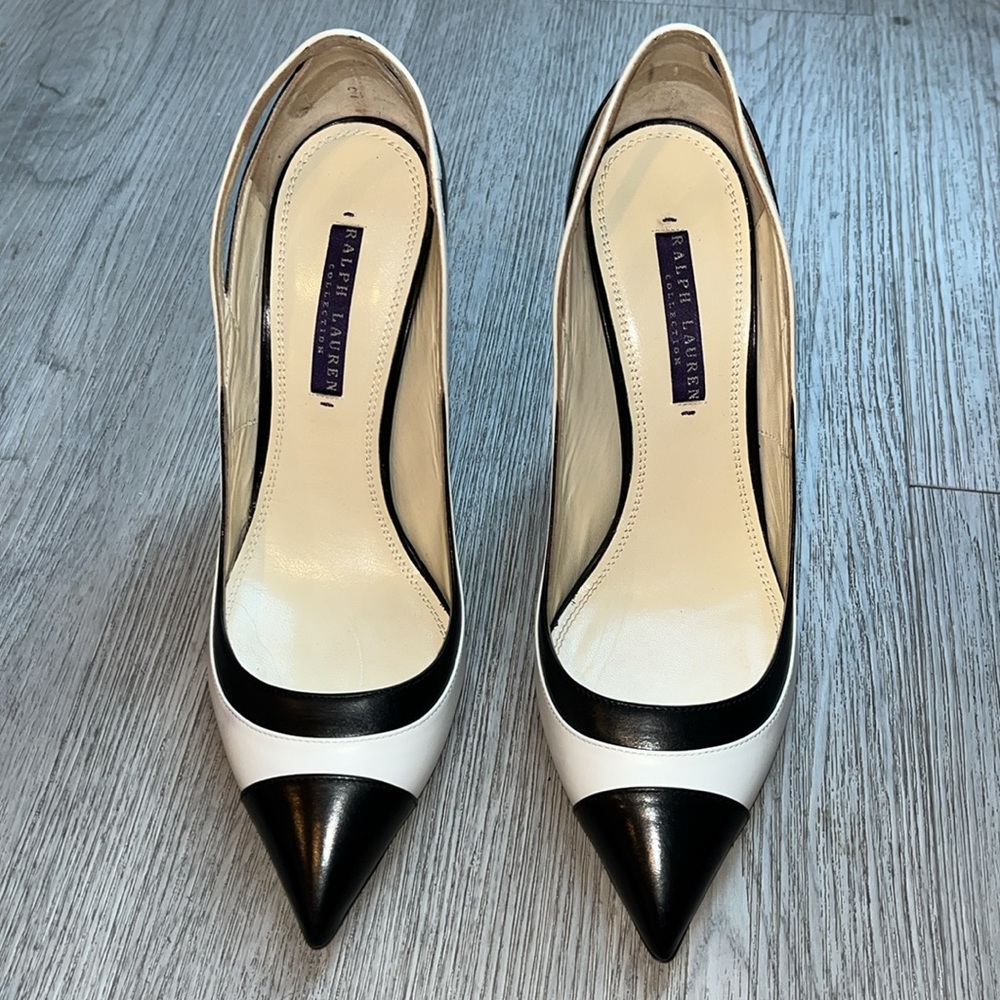 Ralph Lauren Collection White/Black Leather Pointed Toe Pumps - Picture 2 of 14